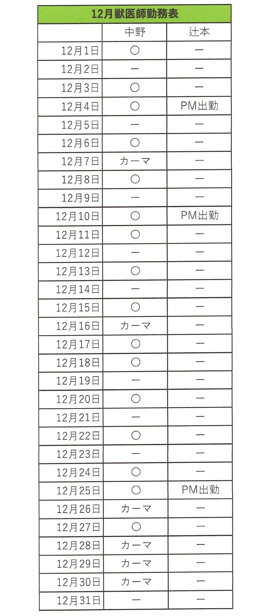 2025年12月の勤務表