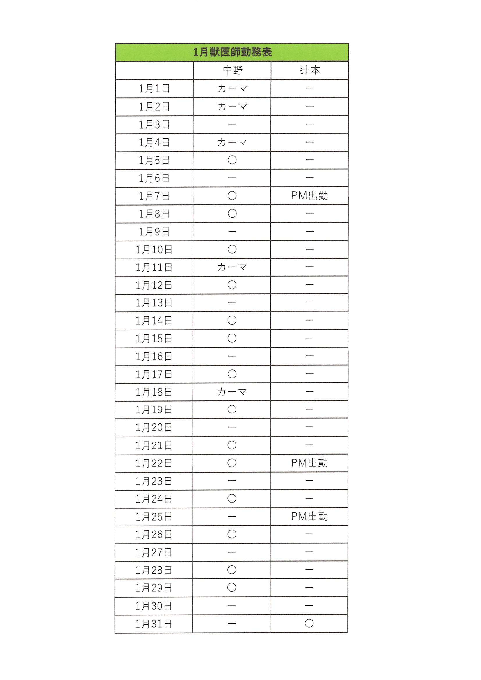 2026年1月の勤務表