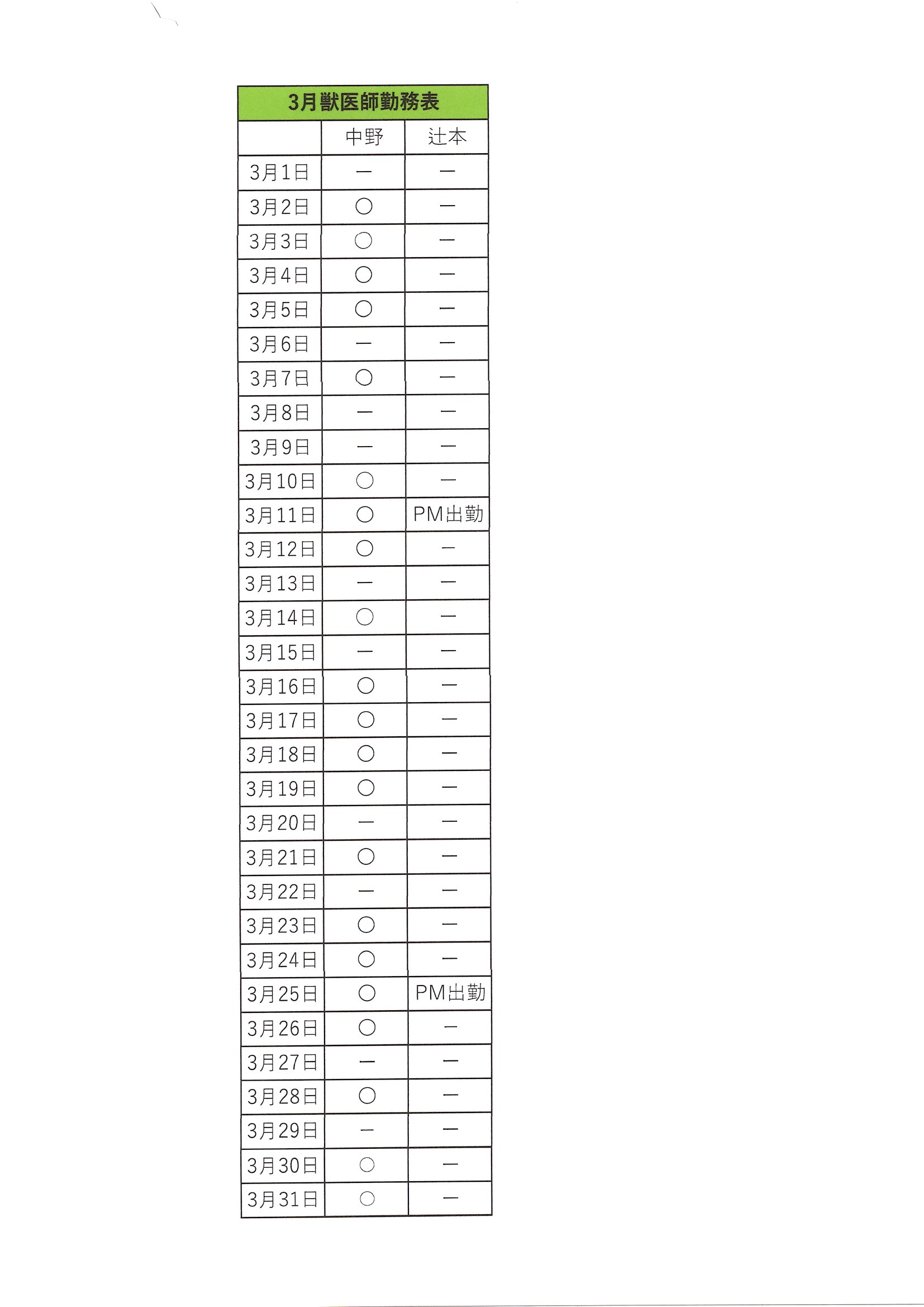 2026年3月の勤務表