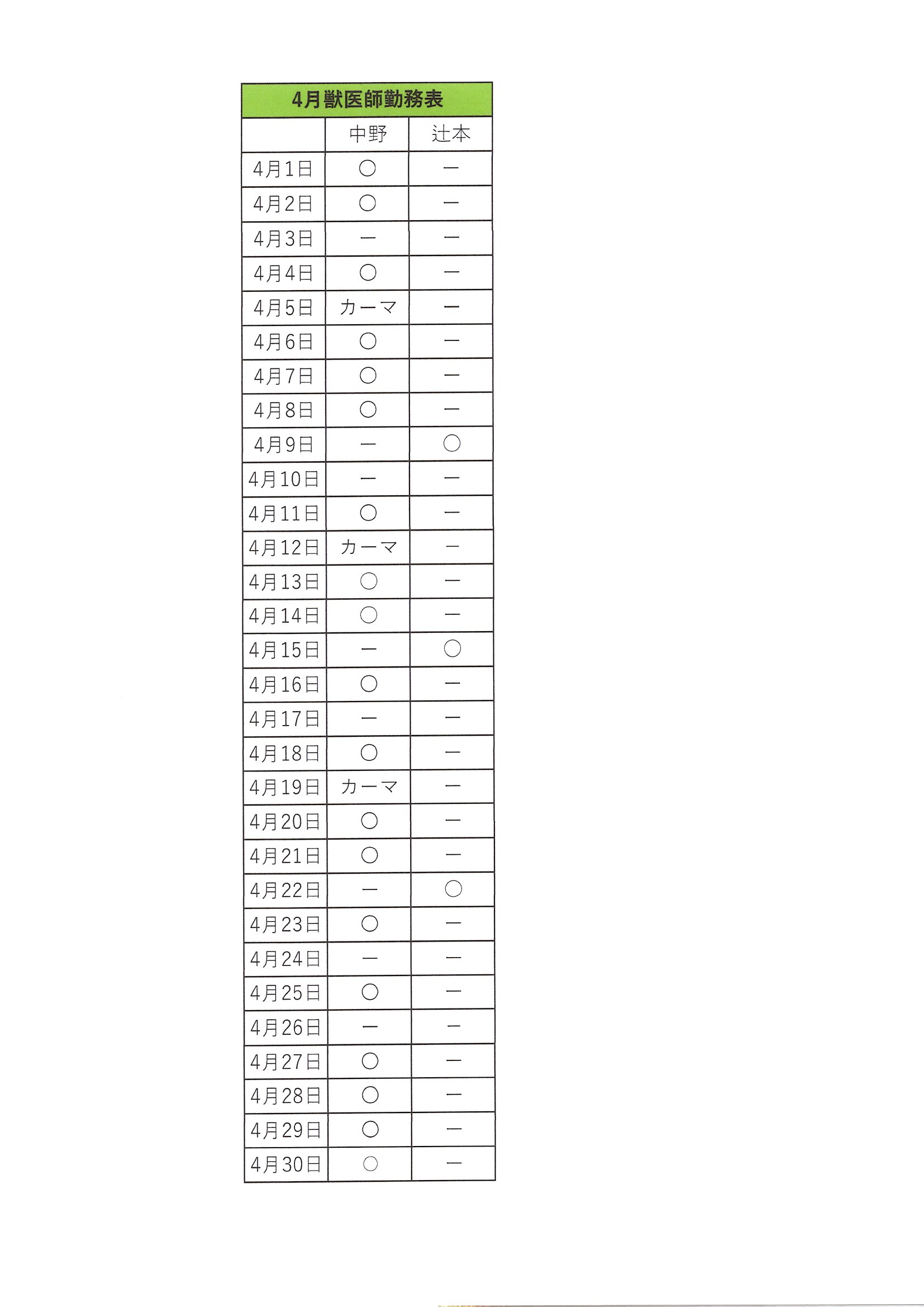 2026年4月の勤務表