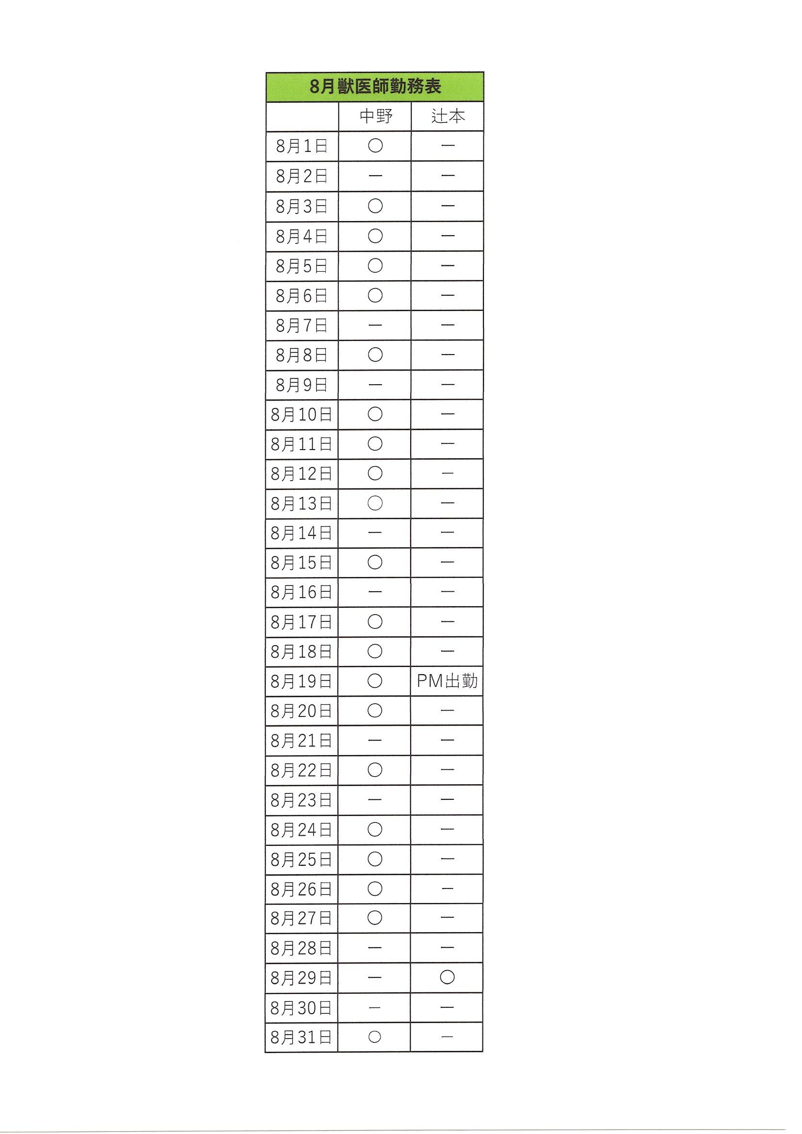 2026年8月の勤務表